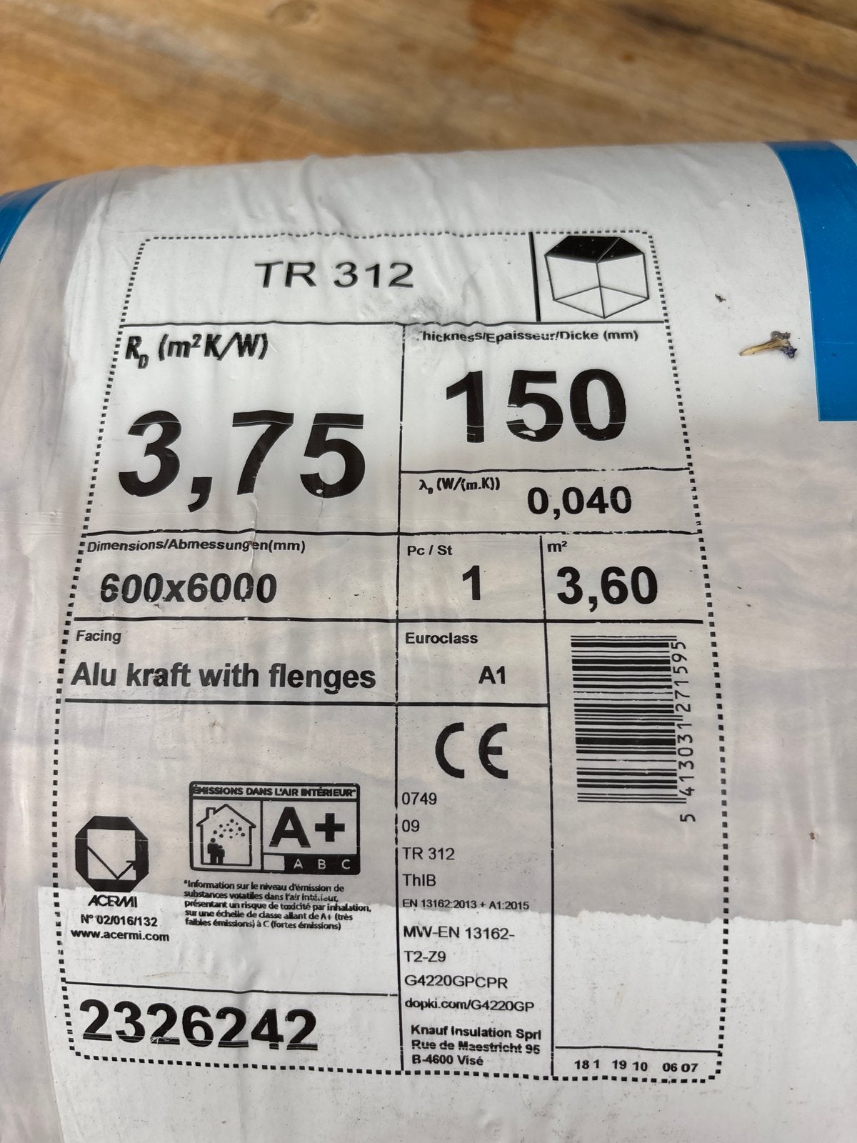 Knaufins glaswol isolatie TR 312, 150mm dik, 3,6m², Ophalen, 12 cm of meer, Nieuw, Minder dan 5 m²