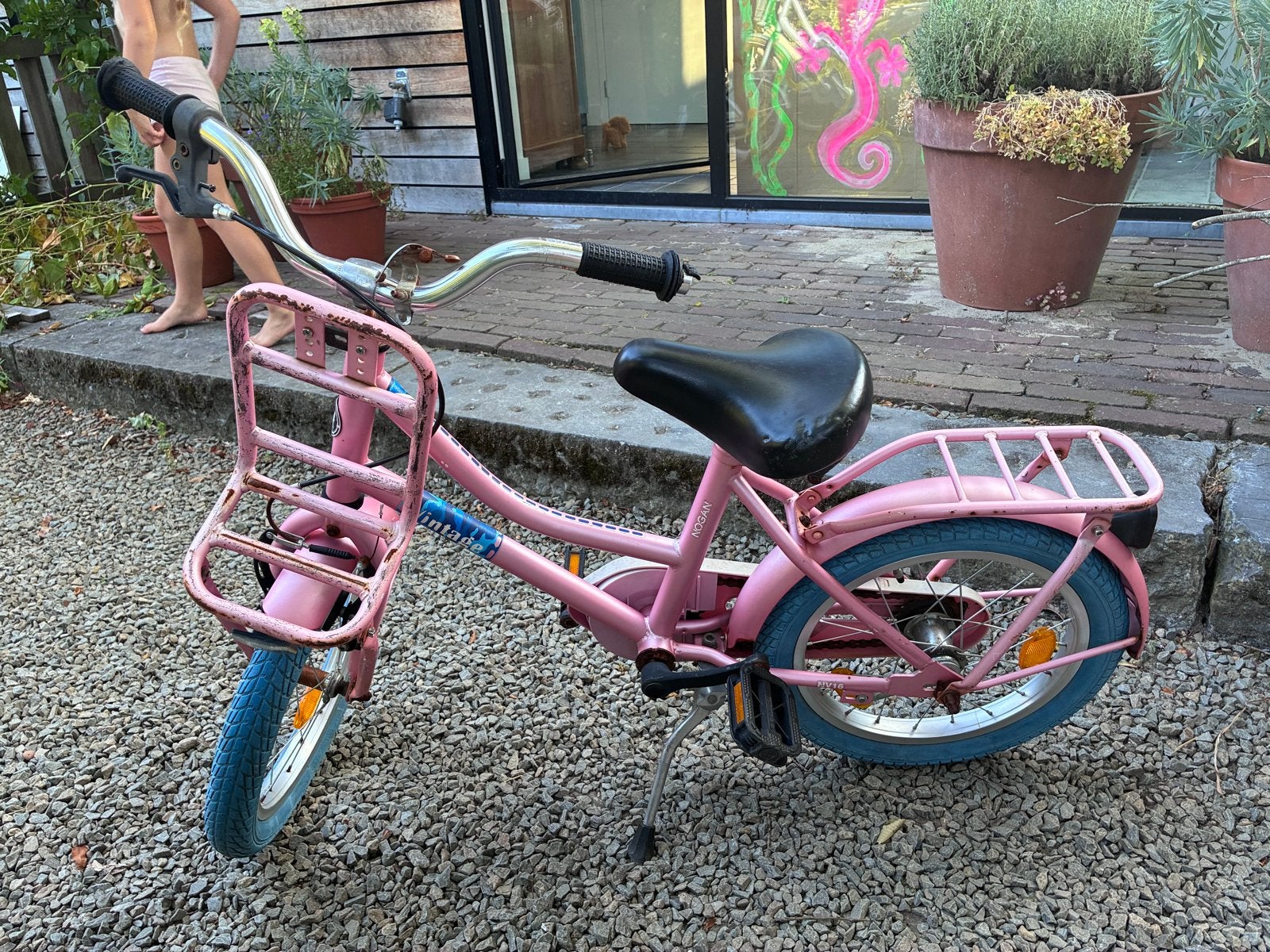 Roze kinderfiets met mandje - 4 a 5 jaar - 16 inch, Fietsen en Brommers, Ophalen, Gebruikt, Terugtraprem, Minder dan 16 inch