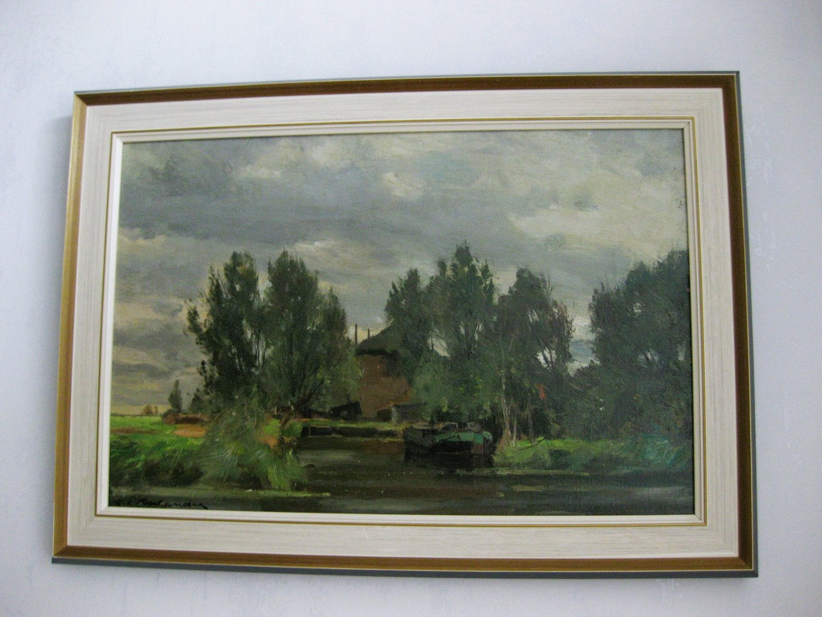 Schilderij Boerderij aan het water J,C.Roelandse olieverf, Ophalen, Doek, Impressionistisch, Olieverf