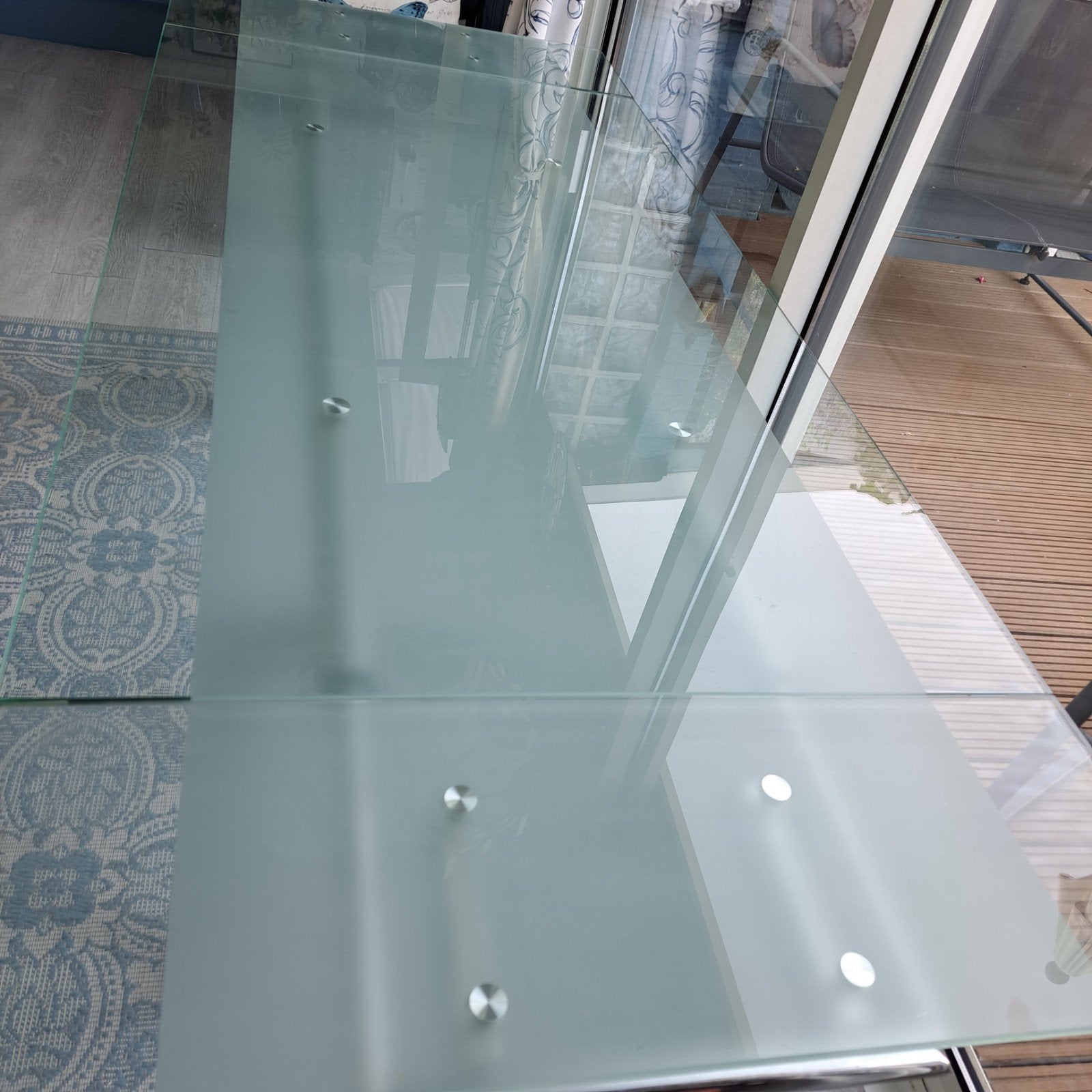 Uitschuifbare glazen eettafel met metalen onderstel, Ophalen, Gebruikt, 100 tot 150 cm, 50 tot 100 cm