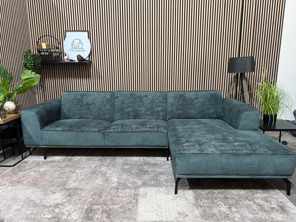 “GRATIS LEVERING” Mooie turquoise/blauwe velvet hoekbank!, 125 tot 150 cm, Hoekbank, Ophalen of Verzenden, Zo goed als nieuw