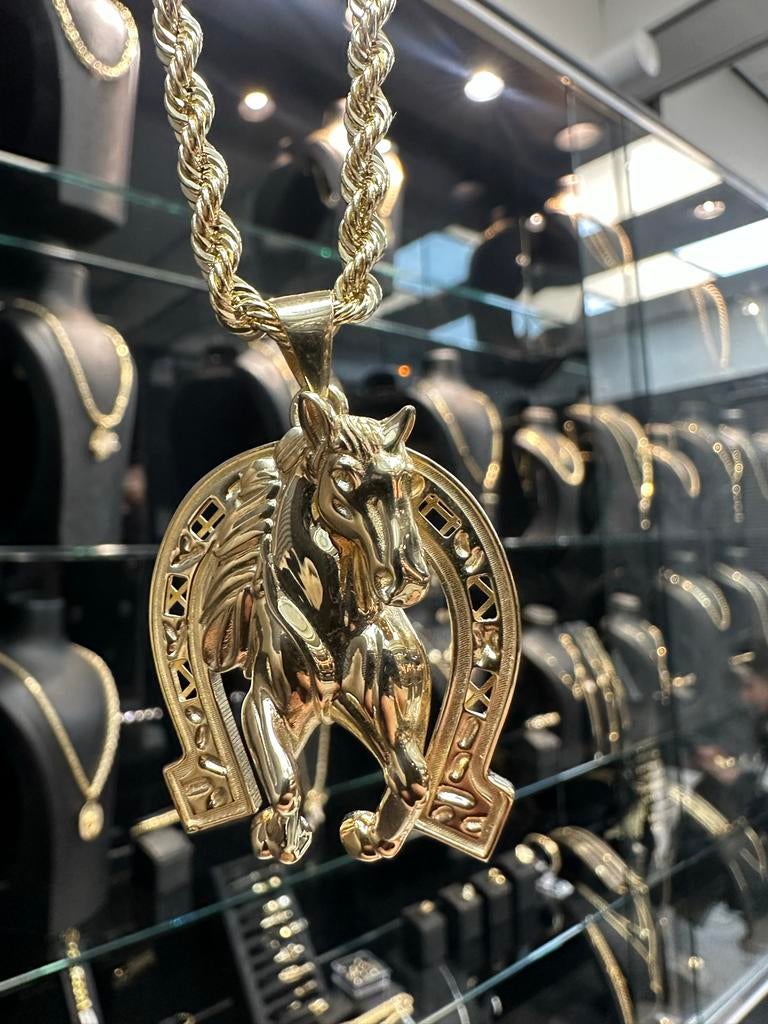 14k Gouden Rope Ketting met Paarden Hanger, Sieraden, Tassen en Uiterlijk, Kettingen, Ophalen of Verzenden, Nieuw, Goud, Met hanger
