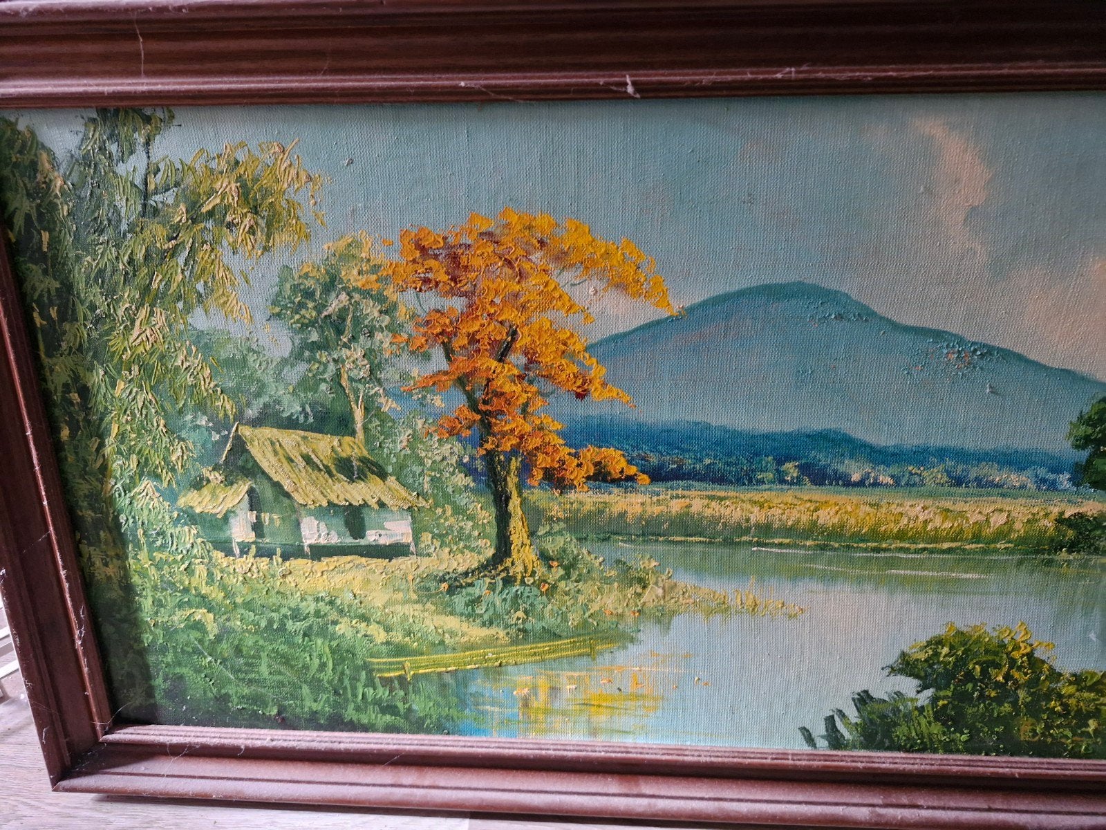 Schilderij Landschap met Huisje en Rivier, Ophalen, Doek, Realistisch, Landschap