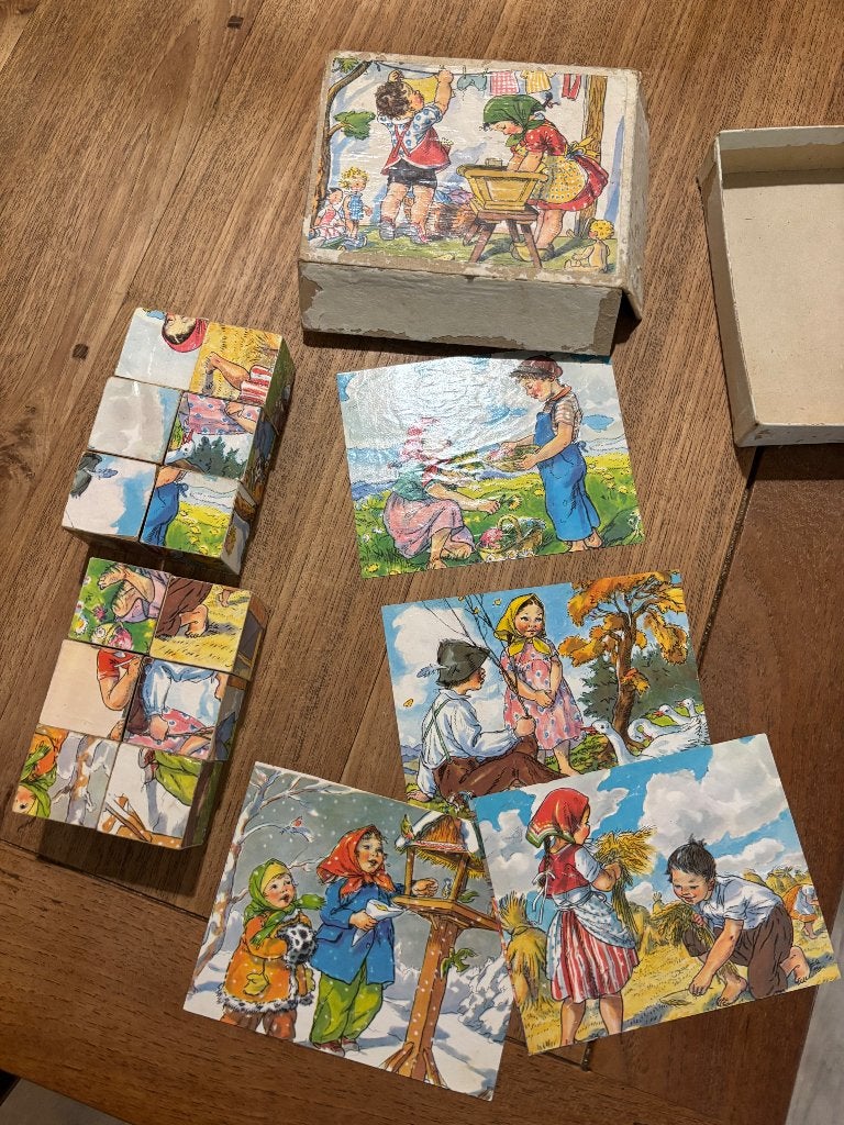 Vintage retro antiek houten kinder puzzelblokken speelgoed, Antiek en Kunst, Ophalen of Verzenden