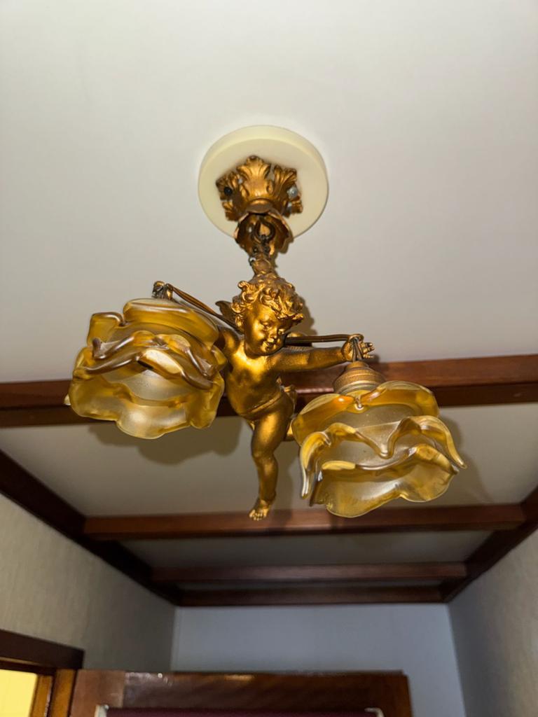 Vintage koperen cherub plafondlamp – Italiaanse/barok stijl, Ophalen of Verzenden