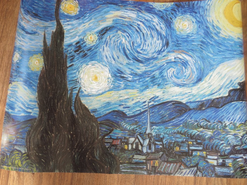 reproductie poster sterrennacht poster vincent v.gogh 70x50, Gebruikt, Rechthoekig Liggend, Ophalen of Verzenden, A1 t/m A3
