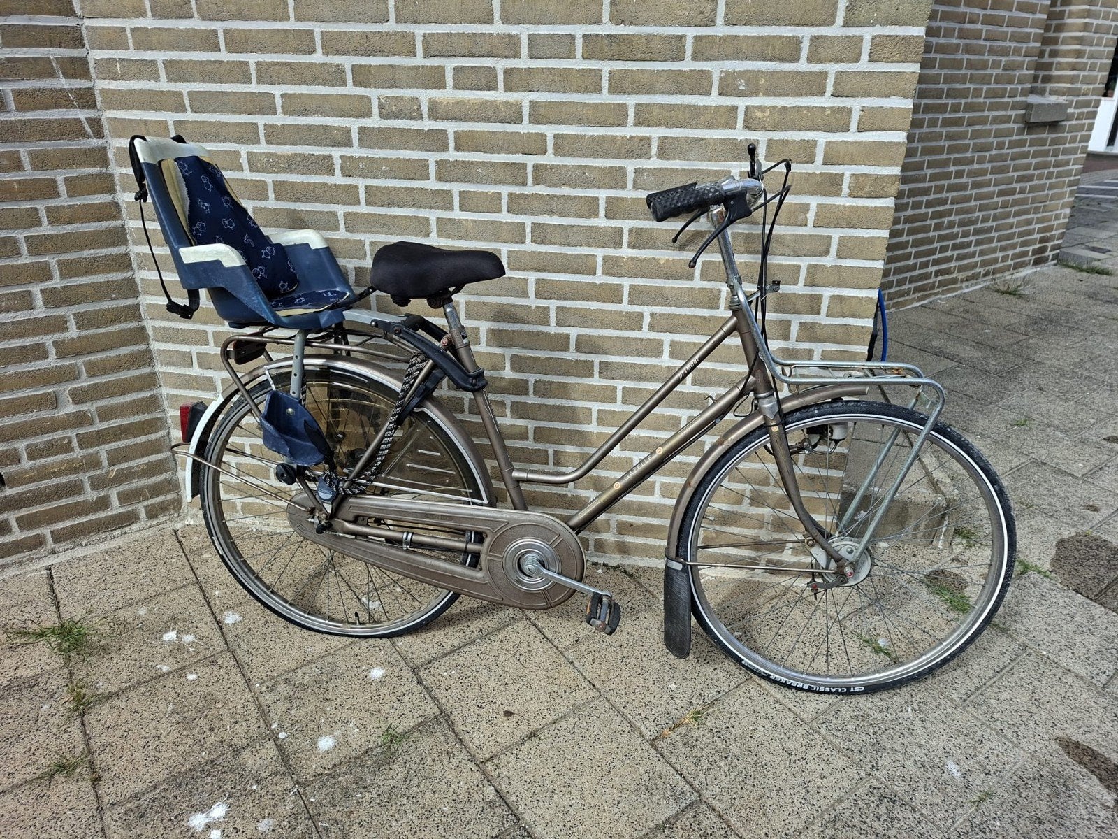 Damesfiets met kinderzitje en voordrager, Velgrem, Ophalen, Overige merken, 53 tot 56 cm
