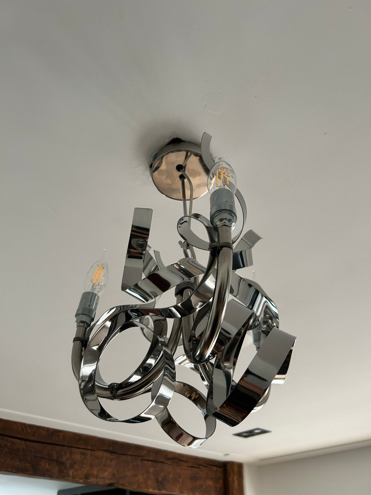 Design hanglamp RVS met 3 halogeen kaarspeertjes, Huis en Inrichting, Lampen | Hanglampen, Ophalen, Zo goed als nieuw, Metaal