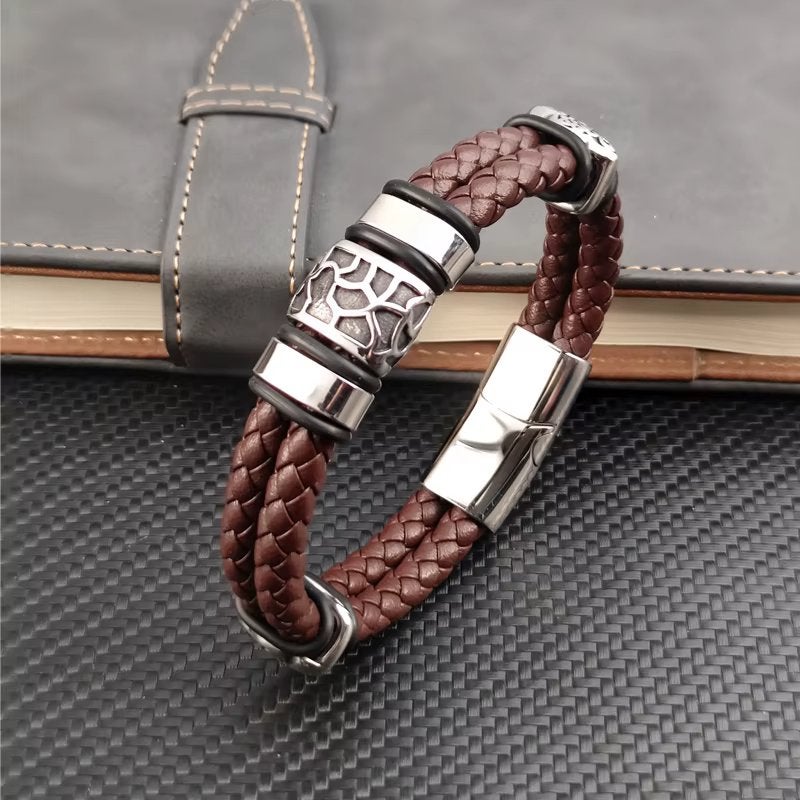 Bruine Dubbele Leren Stalen Heren Armband, Verzenden, Nieuw, Bruin, Leer