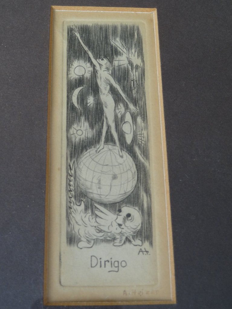 ets Dirigo, Ik leid, de wereld, mens op aarde, A. Huizer, Antiek en Kunst, Ets, Mythologie, Ingelijst, Ophalen of Verzenden