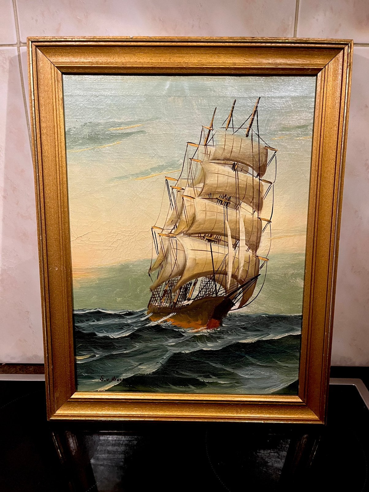 Oud olieverf zee met boot schilderij, Ophalen