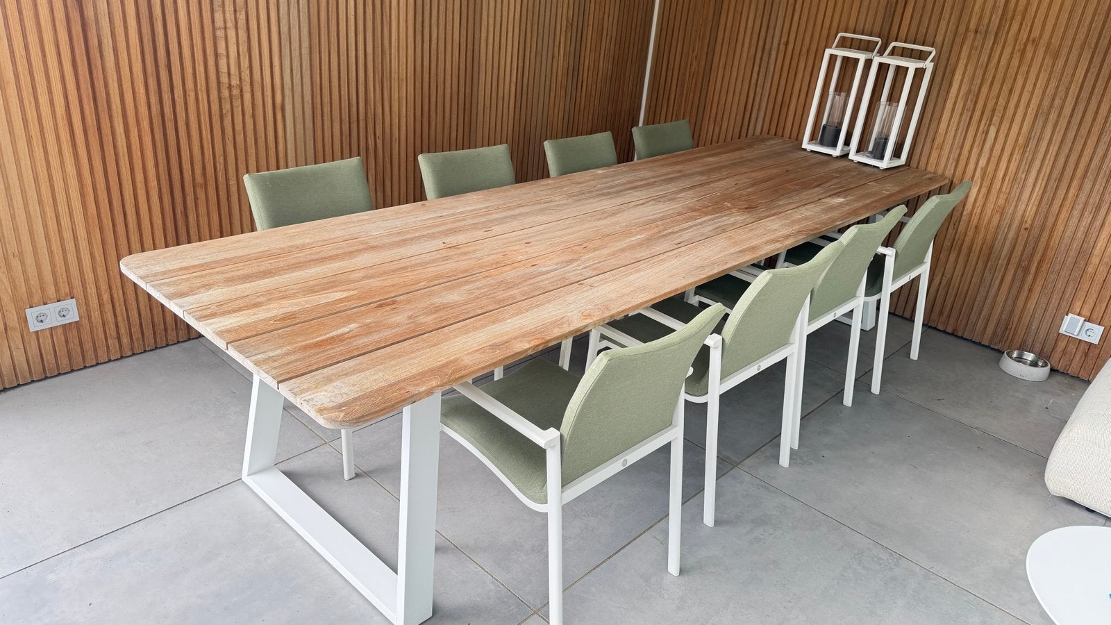 Suns tuinset: Teakhouten tafel met 8 stoelen, Ophalen, Gebruikt, Rechthoekig, Hout