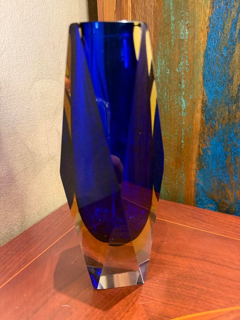 Vintage Murano Glazen Blokvaas - Kobaltblauw & Geel, Antiek en Kunst, Ophalen of Verzenden