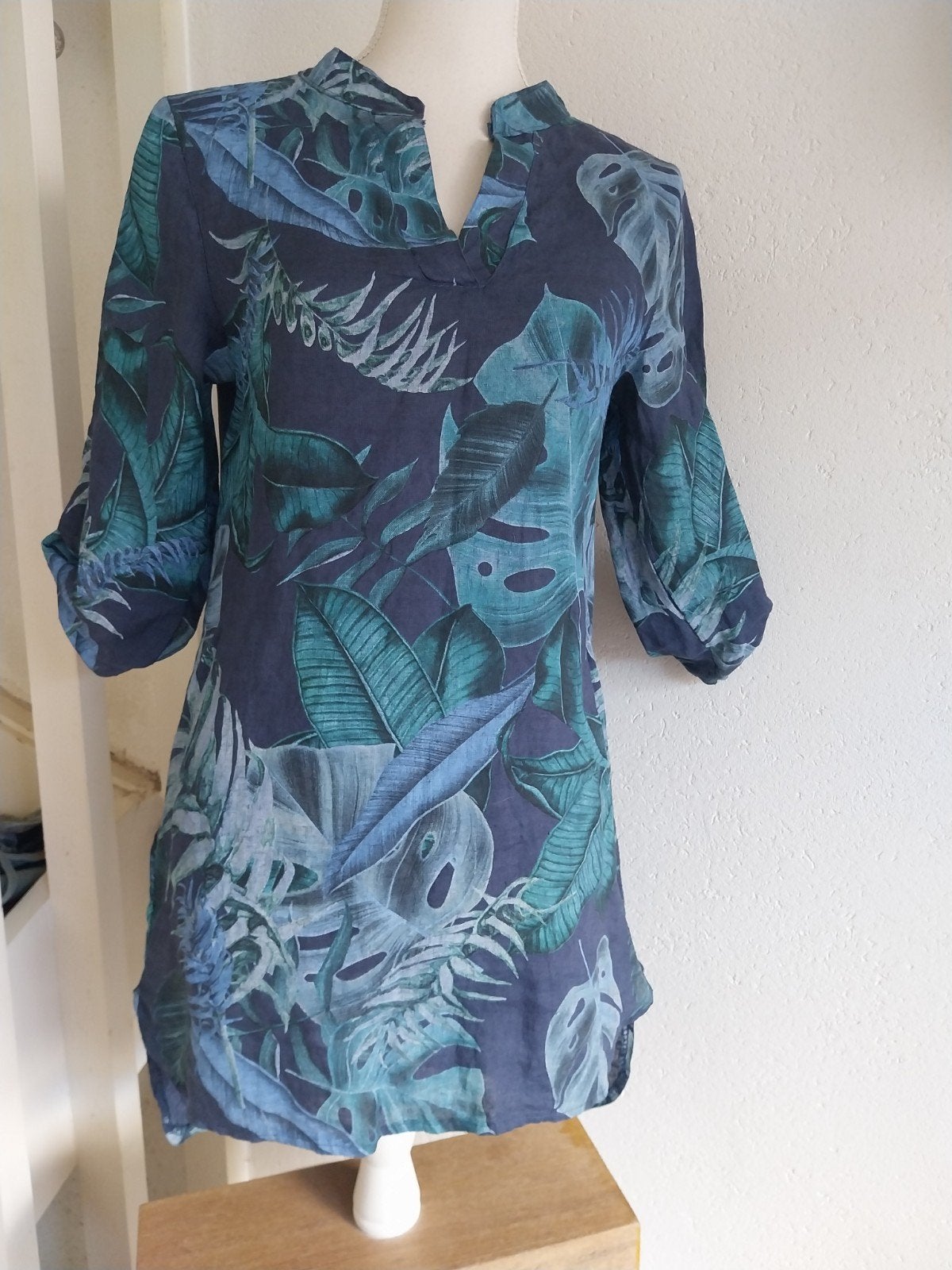 Tuniek linnen met tropische print - Maat S Azuri, Maat 38/40 (M), Blauw, Ophalen of Verzenden, Onbekend