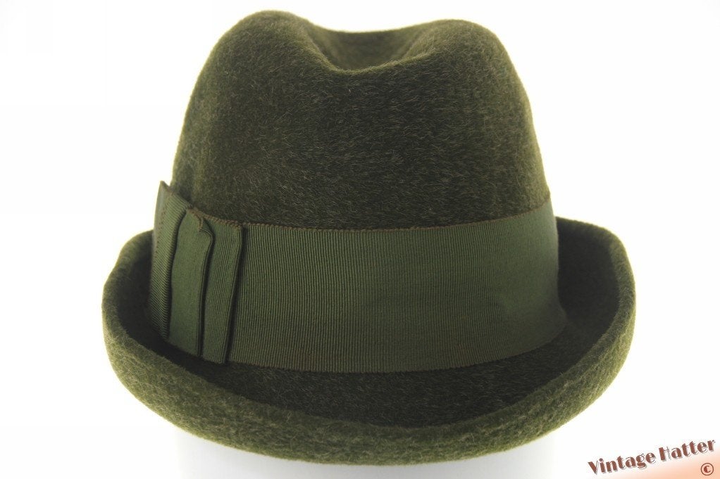 Vintage Hoge dames jacht gleufhoed groen haarvilt 55 = S -XS, Vintage tweedehands artikel en daarom onbekend, 55 cm (S, 6⅞ inch) of minder