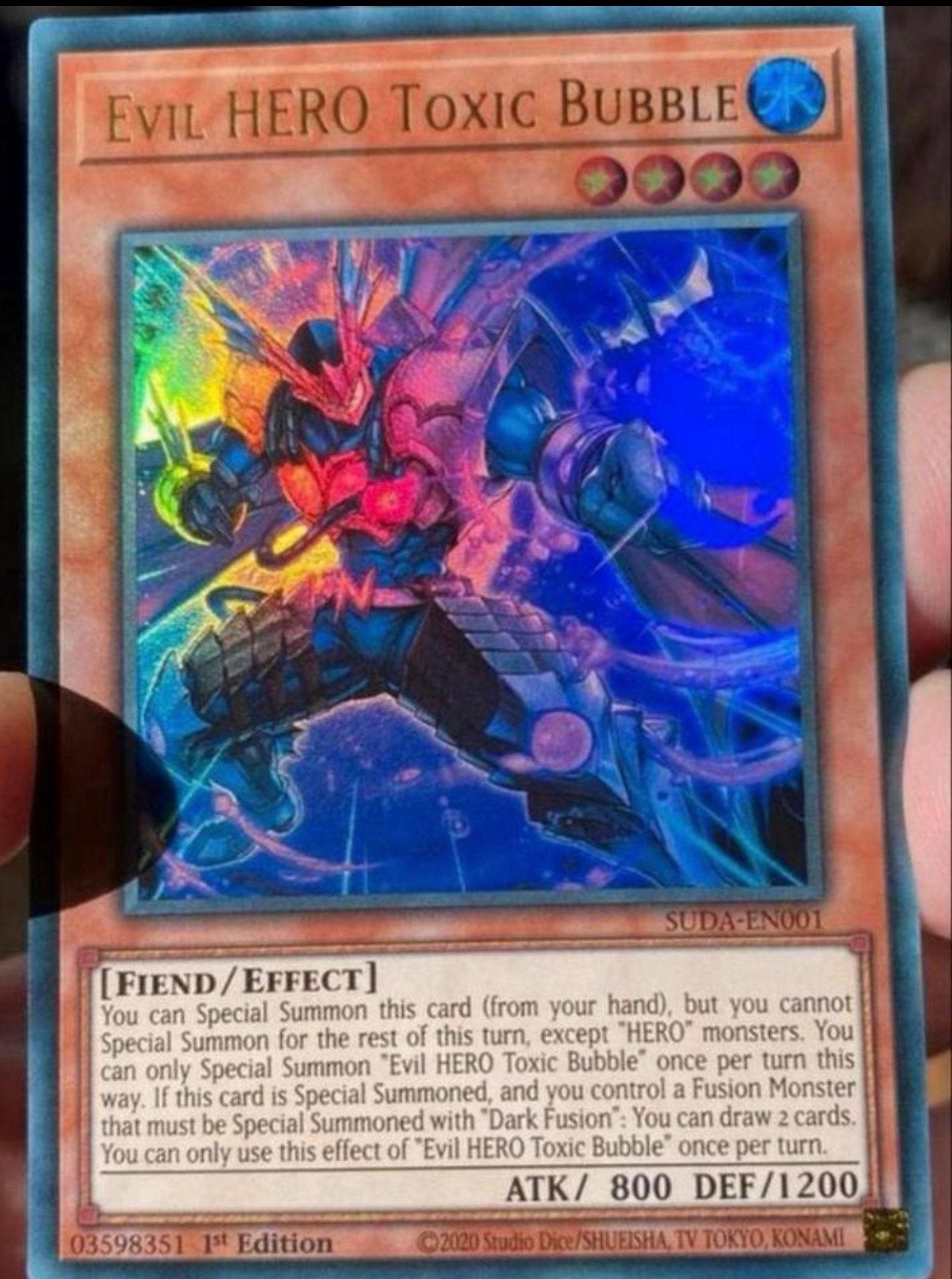 Yu-Gi-Oh! Evil HERO Toxic Bubble SUDA 1st Edition !, Ophalen of Verzenden, Zo goed als nieuw, Losse kaart, Foil