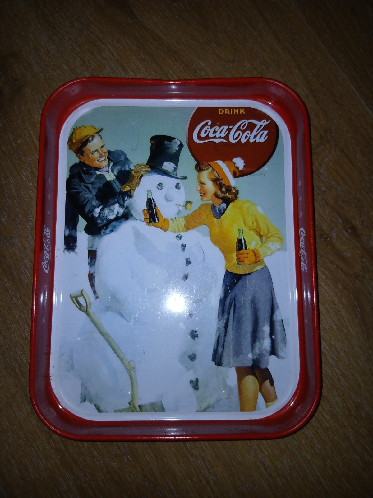 Vintage Coca-Cola dienblad met sneeuwpop motief, Ophalen, Gebruikt, Gebruiksvoorwerp