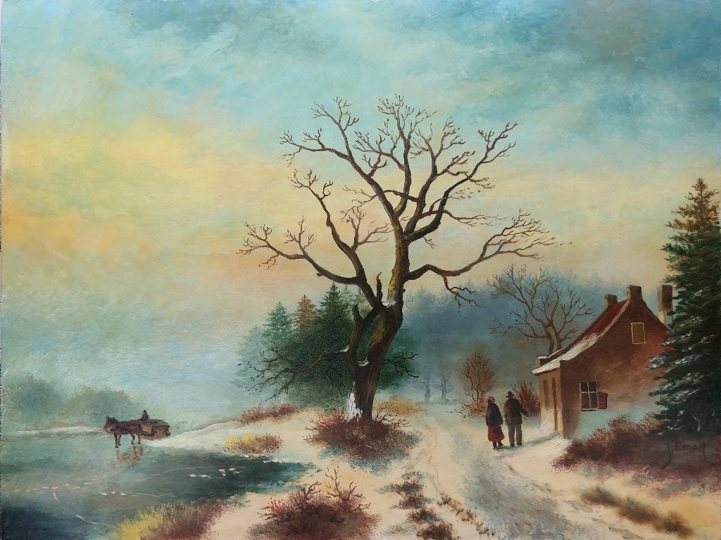 J. Croon Schilderij 'Wintergezicht met paard op het ijs', Ophalen of Verzenden
