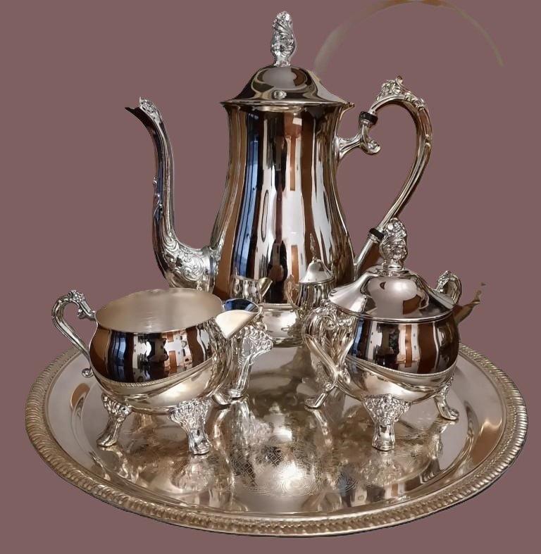 VERZILVERD KOFFIESTEL BESTAANDE UIT DIENBLAD DIAMETER 31 CM, Antiek en Kunst, Antiek | Goud en Zilver, Ophalen of Verzenden, Zilver