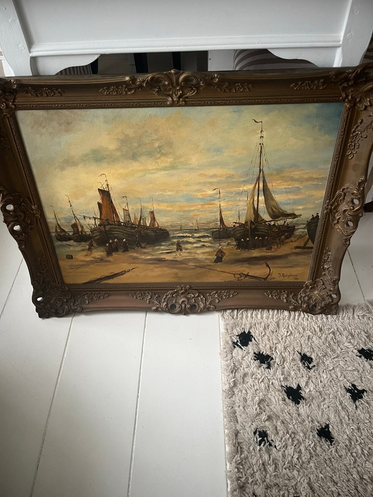 Schilderij J. Ruighaver 1977 - Maritiem Gezicht met Schepen, Ophalen, Maritiem / water, Doek, Realistisch