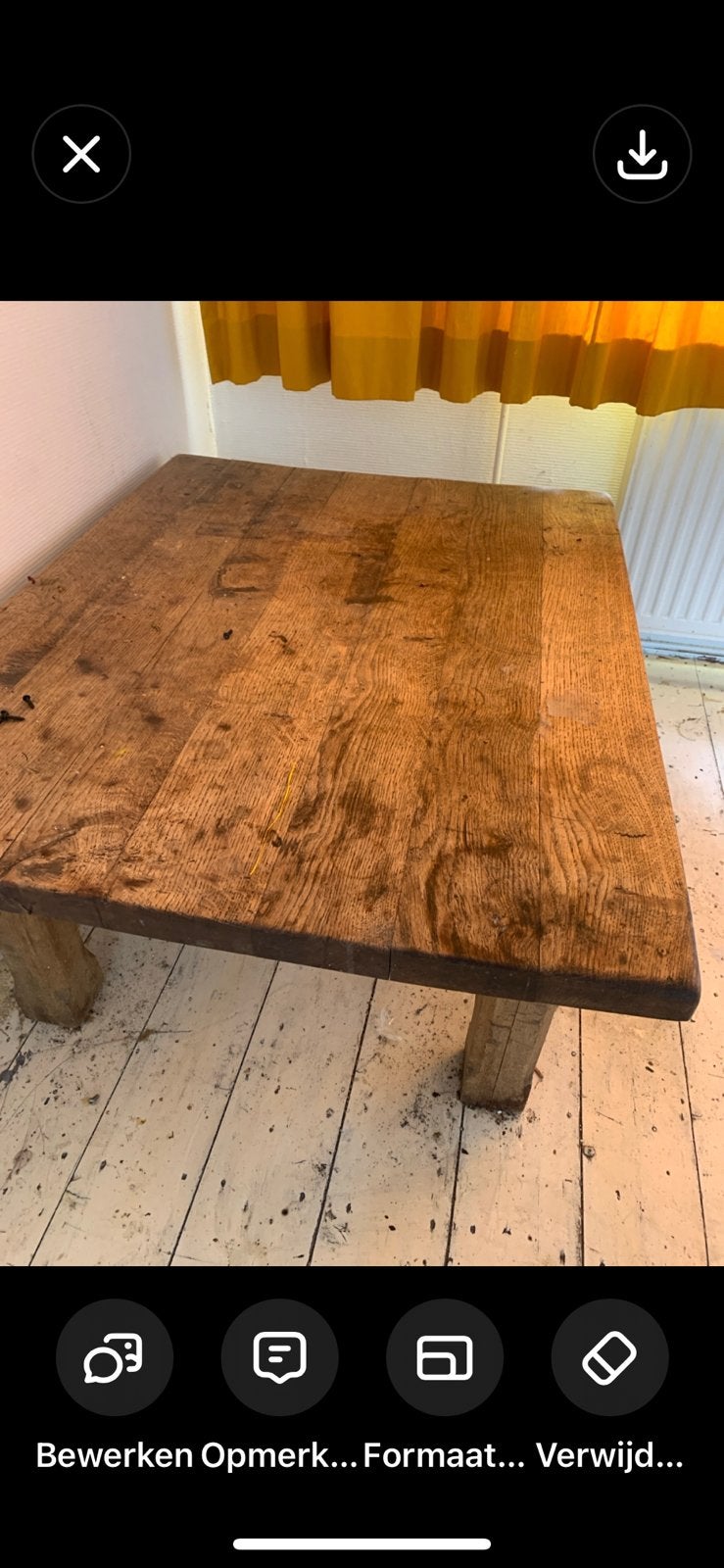 Oude lage massief eiken boerderij tafel, Ophalen, Gebruikt, Eikenhout, 50 tot 100 cm