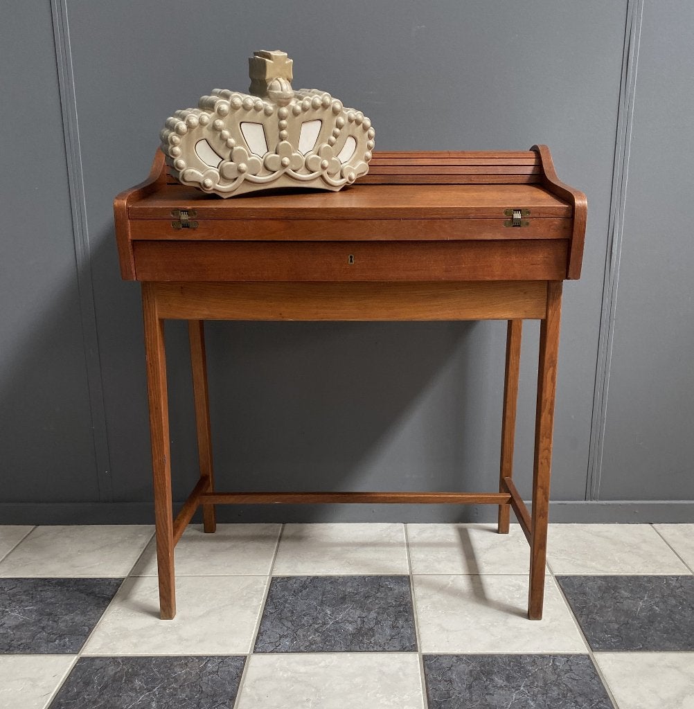 60 jaren Deens secretaire roll desk teak hout klein bureau, Ophalen, Met lades, Hout, Secretaire