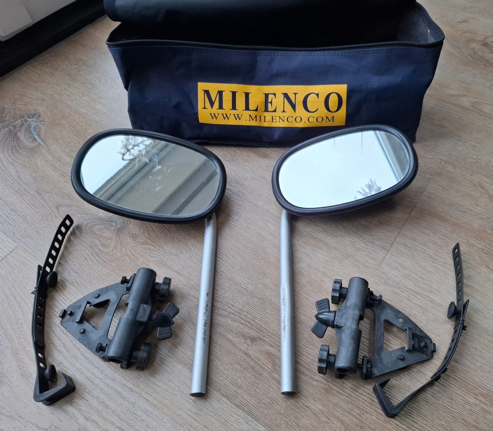 Milenco caravan spiegels in handige opbergtas, Caravans en Kamperen, Ophalen of Verzenden, Gebruikt