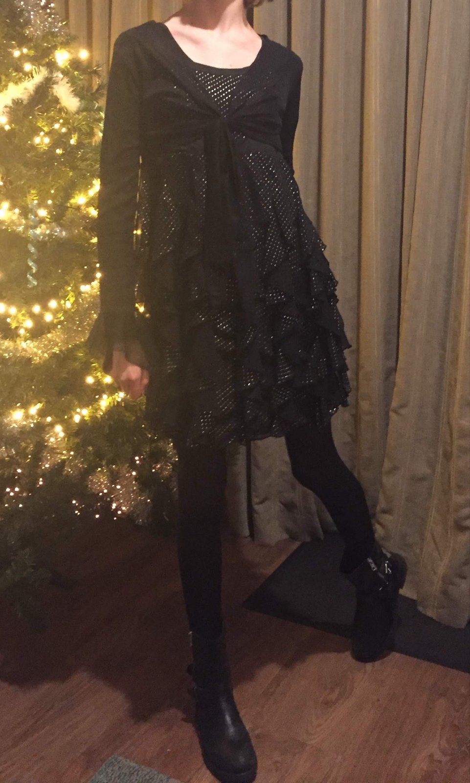 Feestjurk zwart met glitter en dun vestje mt 158/164, Ophalen of Verzenden, Zo goed als nieuw, Meisje, Jurk of Rok
