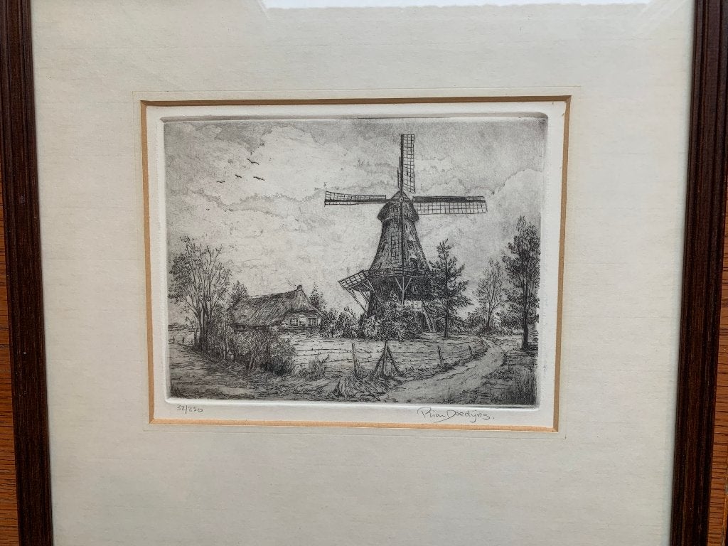 Zicht op molen - ets van Rian Doedijns nr. 32/250, Ingelijst, 17 cm, Ophalen of Verzenden, Landschap