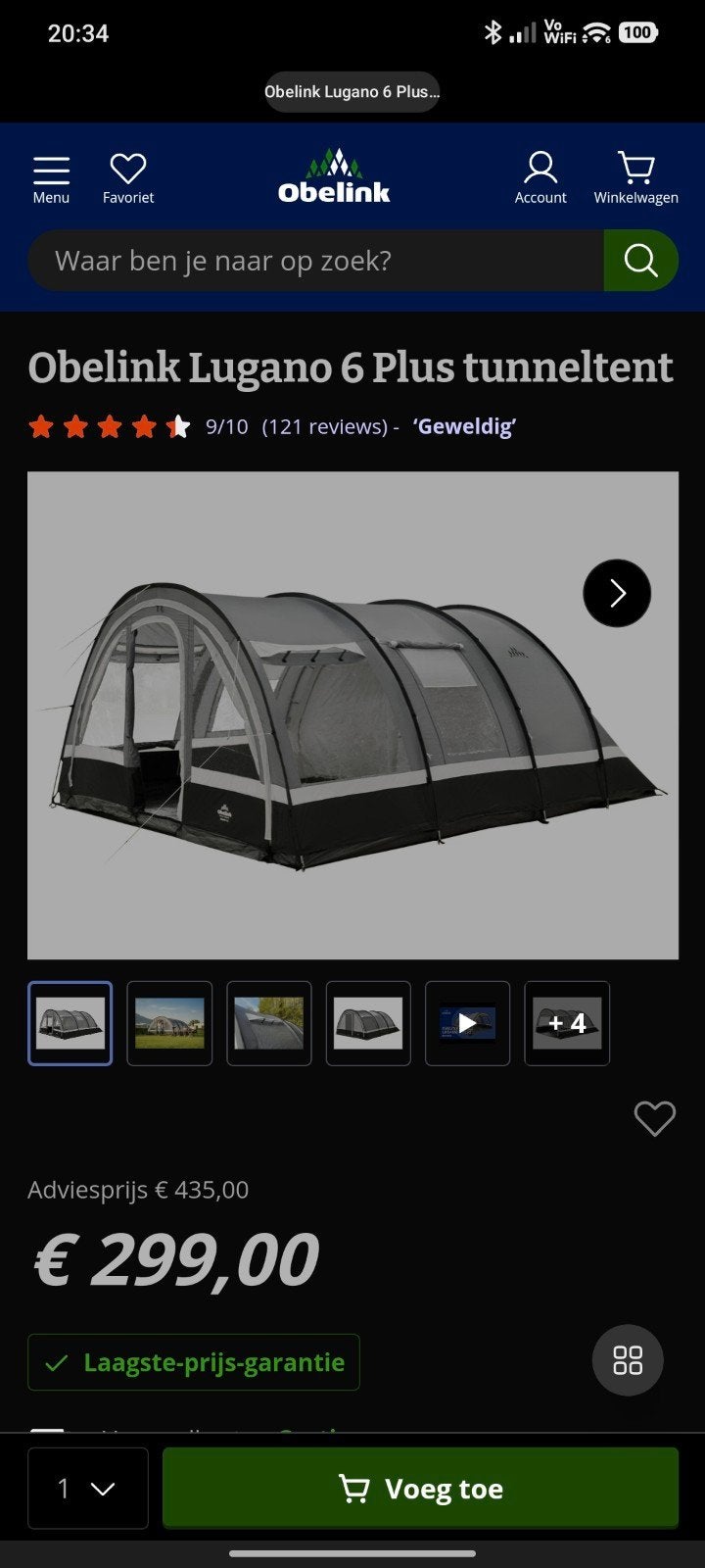 Obelink Lugano 6 Plus tunneltent nieuw prijs €299, Ophalen of Verzenden, Zo goed als nieuw, Tot en met 6