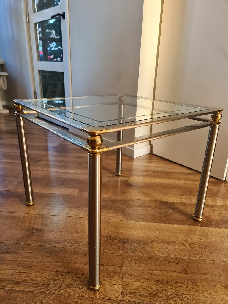Vintage glazen salontafel met goudkleurige details, Ophalen, Gebruikt, 50 tot 100 cm, 50 tot 100 cm
