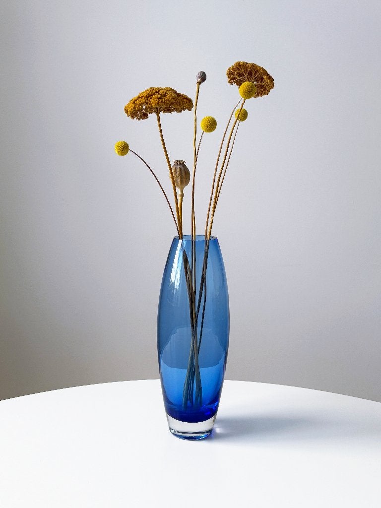 Vintage XL vaas glas design Scandinavisch, Huis en Inrichting, Woonaccessoires | Vazen, Gebruikt, 32 cm, Blauw, Ophalen of Verzenden