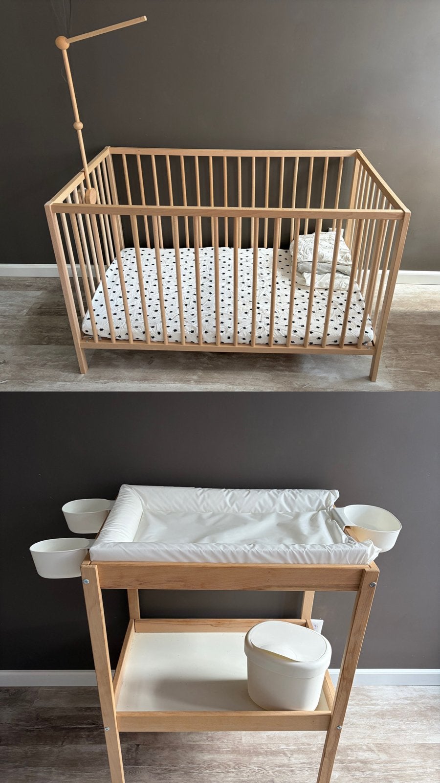 Babybed 60x120 met matras, lakens en commode met accessoires, Ophalen, Gebruikt, Minder dan 140 cm, Matras