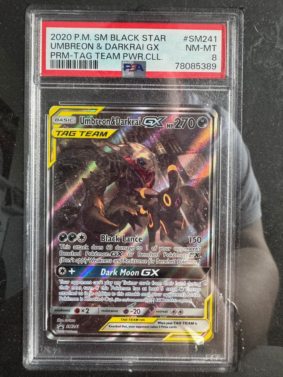 PSA 8 Umbreon Darkrai GX Tag Team SM241 Pokémon Kaart, Ophalen of Verzenden, Zo goed als nieuw, Losse kaart, Foil
