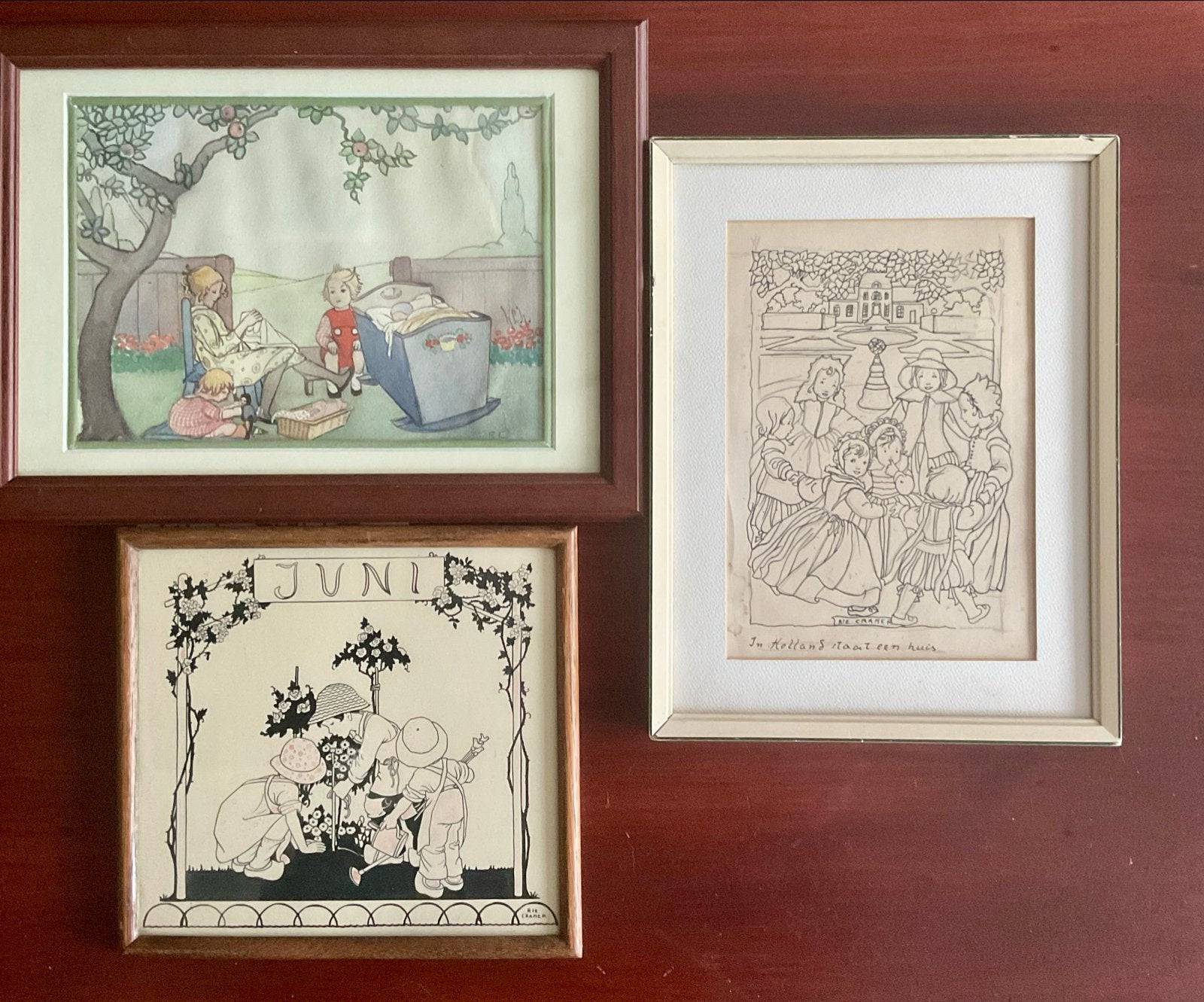 Drie originele werken van Rie Cramer: aquarel en pentekening, Antiek en Kunst, Ophalen of Verzenden, Tekening, Aquarel, Origineel