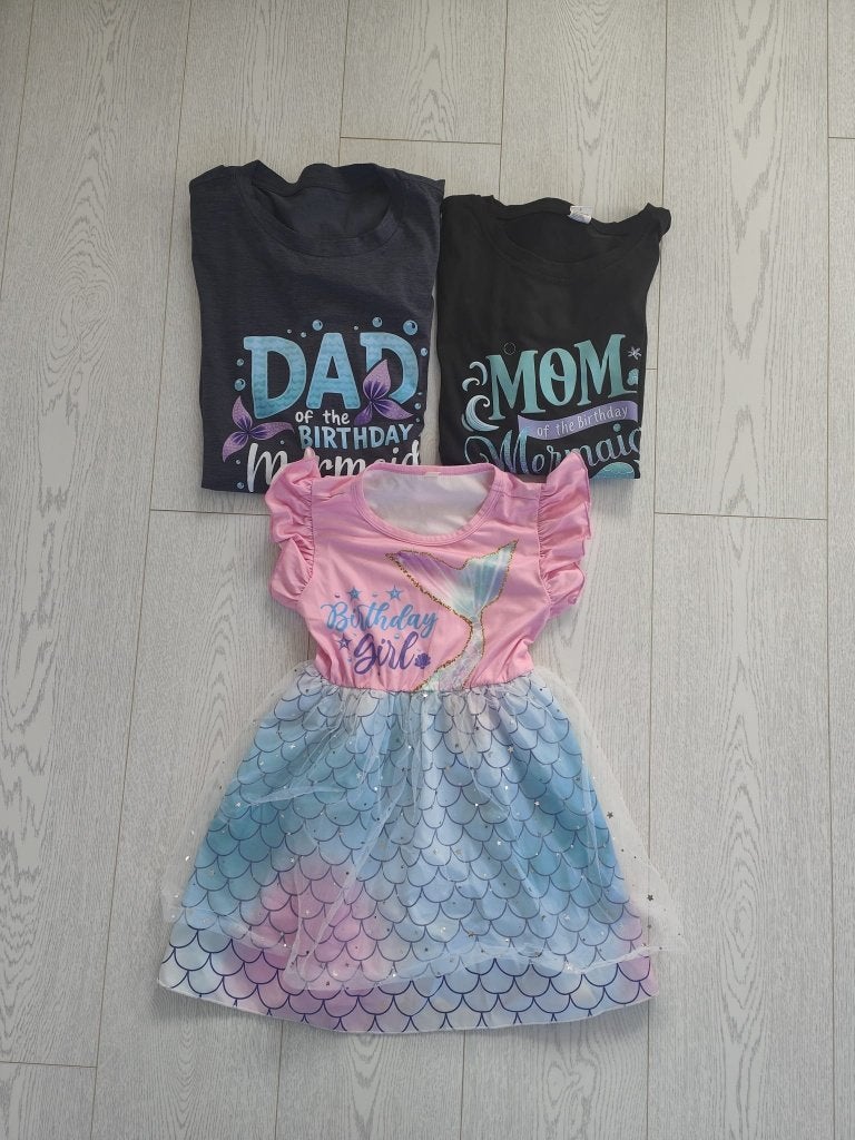 Mermaid birthday kledingset voor vader, moeder en dochter, Ophalen, Zo goed als nieuw, Onbekend, Meisje