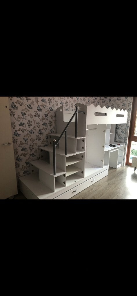 Hoogslaper met kledingkast, buro en trap wit/grijs, Ophalen, Gebruikt, Eenpersoons, 90 cm