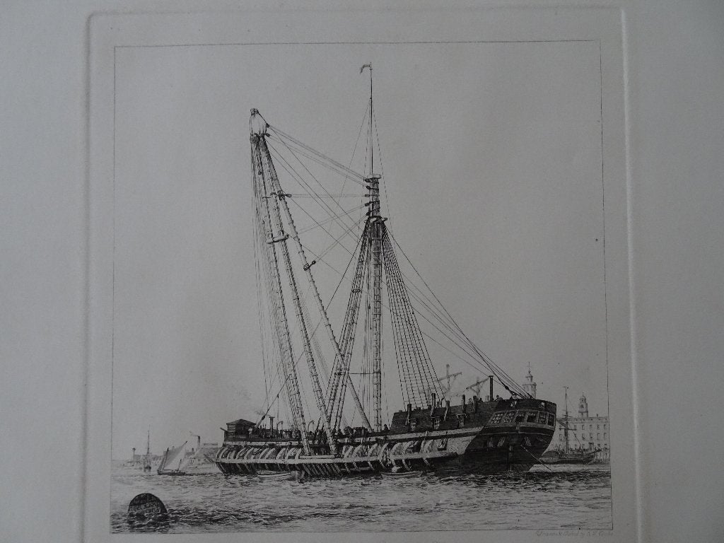 Ets oud schip Hulk haven Porthmouth Engeland EW Cooke 1850, Verzenden, Ets, Origineel