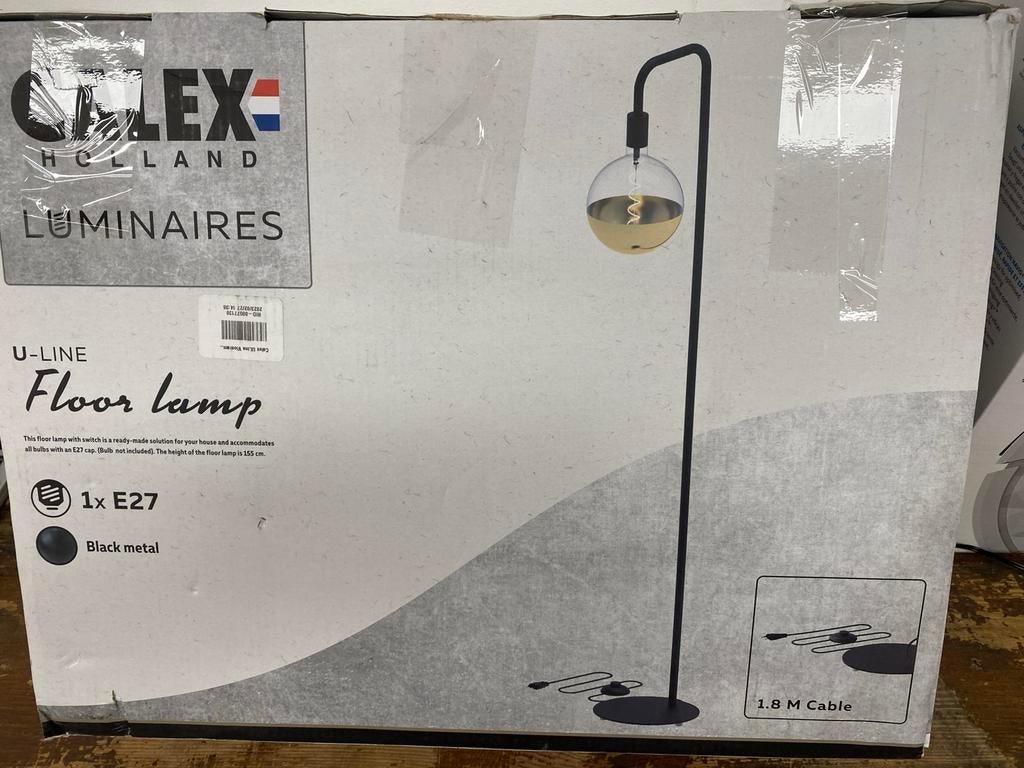 Calex Luminaires U-Line Vloerlamp - Zwart Metaal, E27, Huis en Inrichting, Ophalen of Verzenden, Nieuw, Metaal, 150 tot 200 cm