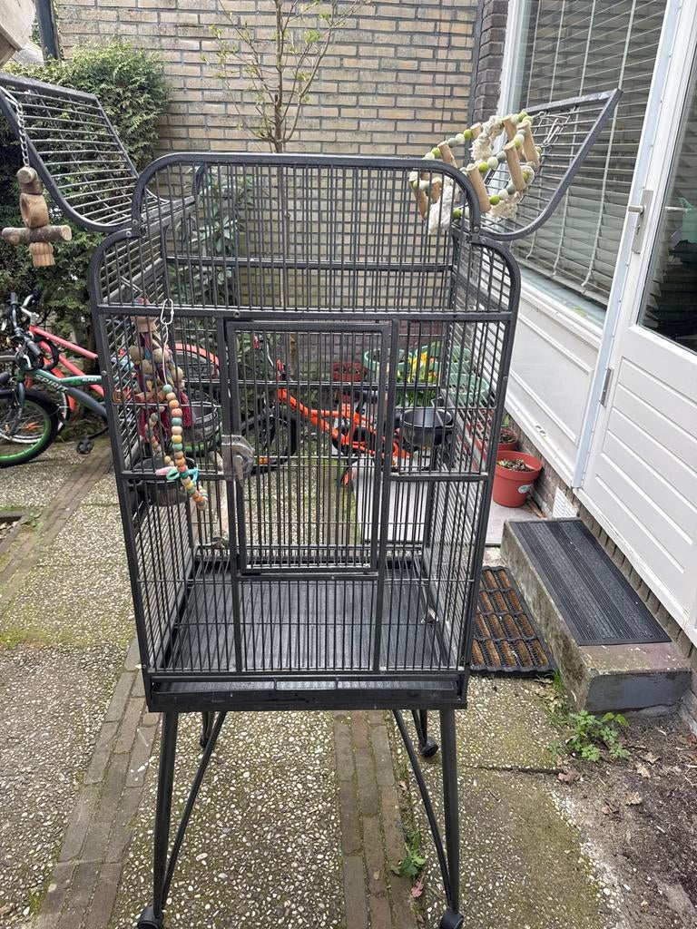 “Grote papegaaienkooi met standaard en wieltjes”, Dieren en Toebehoren, Vogels | Toebehoren, Ophalen, Gebruikt, Speelgoed