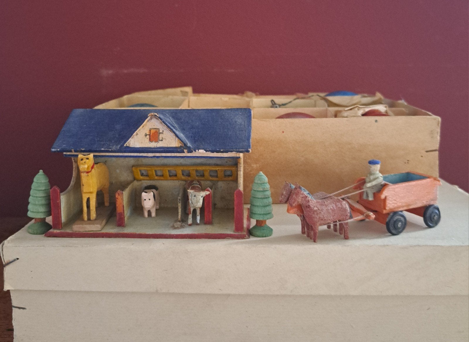 Vintage Erzgebirge boerderij met dieren en wagen, Verzamelen, Ophalen of Verzenden, Gebruikt