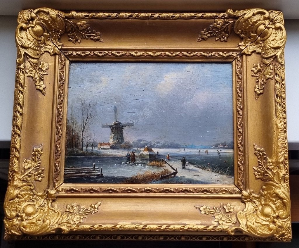 Antieke winterlandschap met schaatsers., Paneel, Handgeschilderd, Ophalen of Verzenden, Landschap
