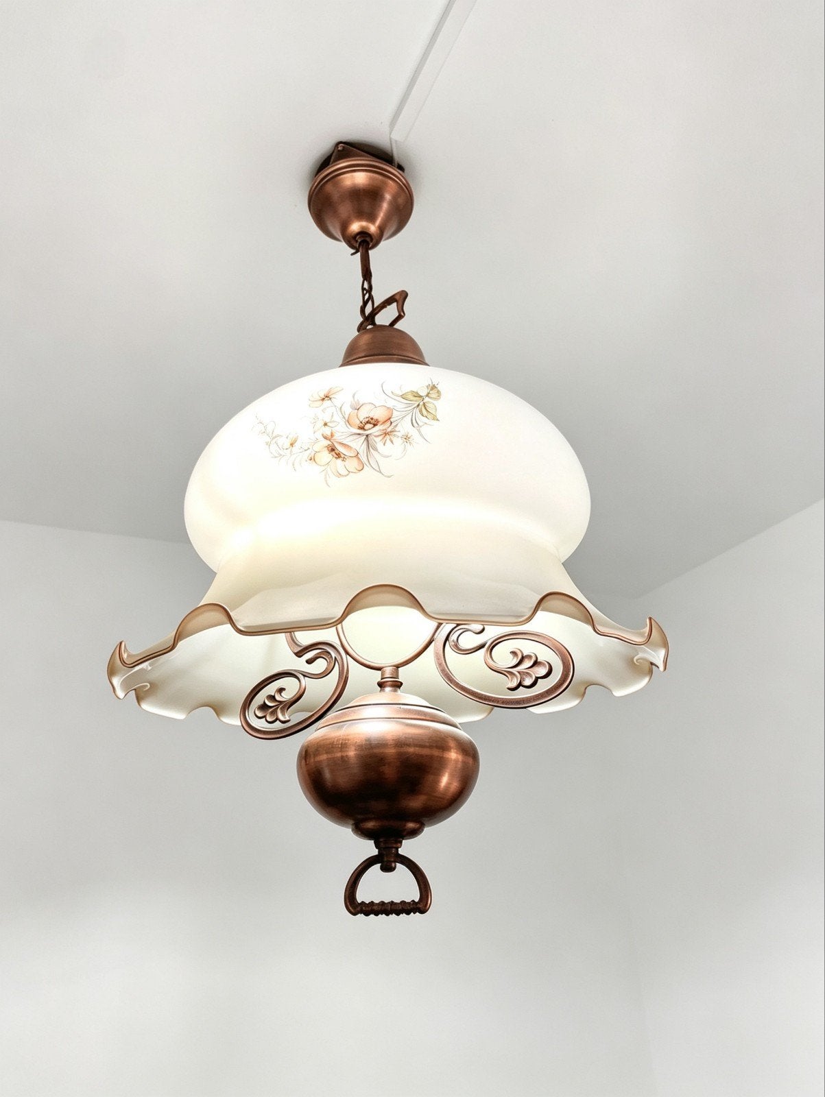 Vintage Hanglamp met Melkglas en Bloemenpatroon, Ophalen
