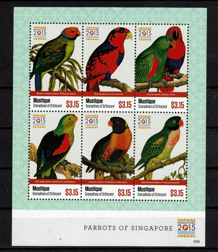 mustique 2015 pf blok papegaaien vogels birds parrots 1, Ophalen of Verzenden, Postfris, Dier of Natuur
