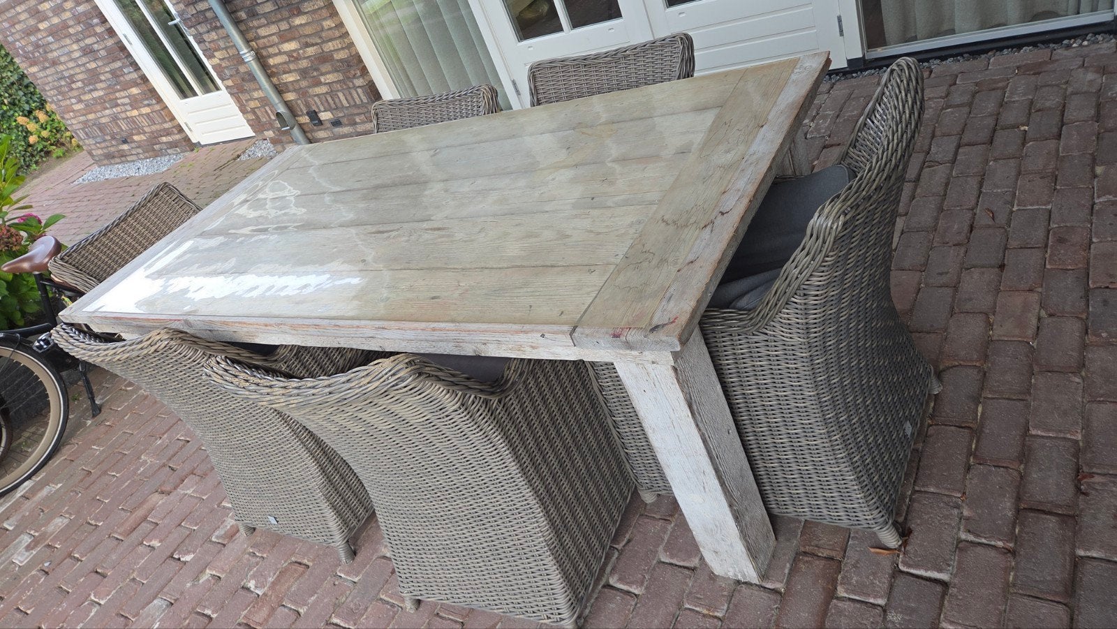 Steigerhouten tuintafel 2.00x1.00m met 6 stoelen en kussens, Tuin en Terras, Ophalen, Gebruikt, 6 zitplaatsen, Steigerhout