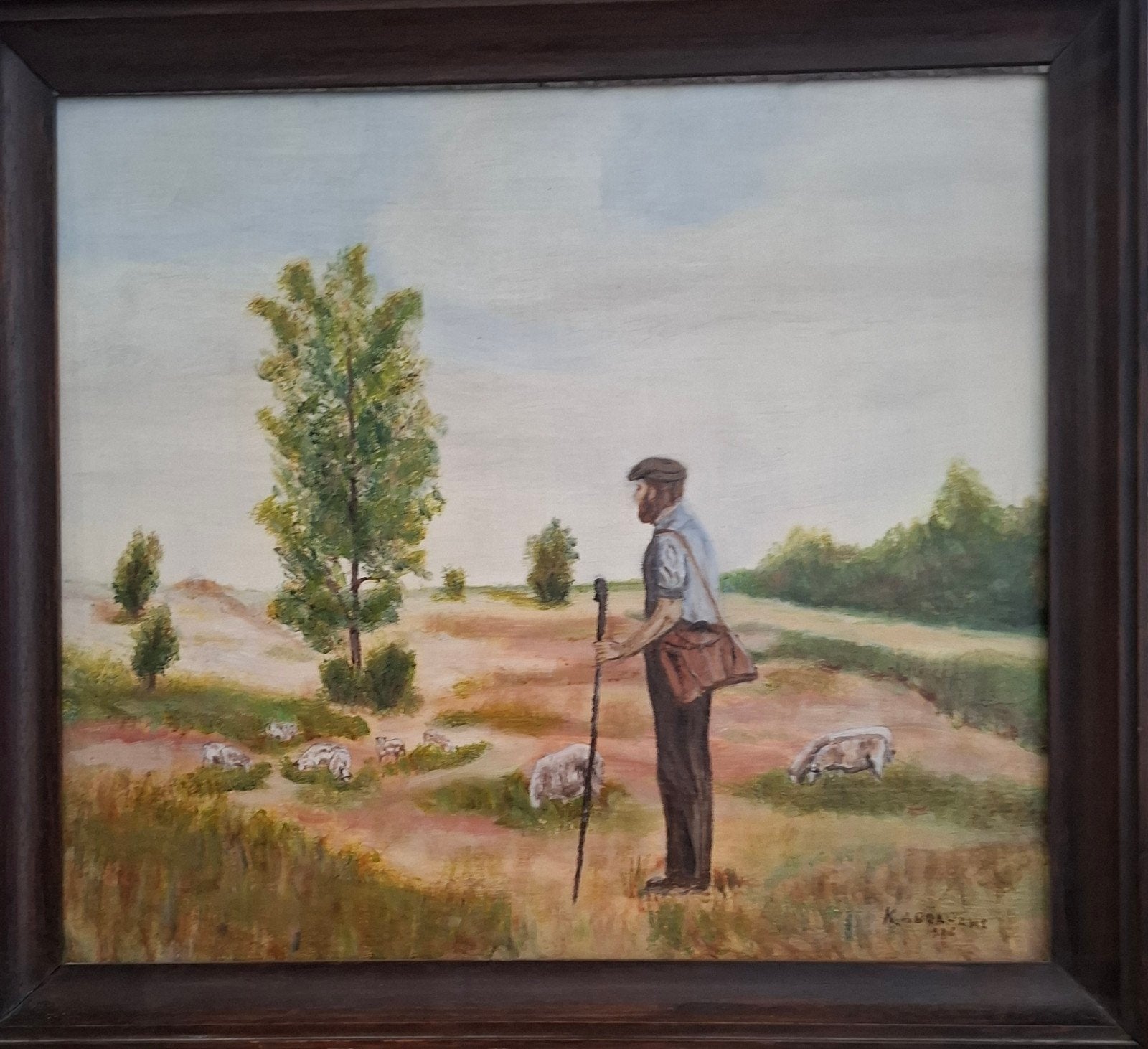 Olieverfschilderij Herder met schapen, 40x40cm, Antiek en Kunst, Ophalen of Verzenden