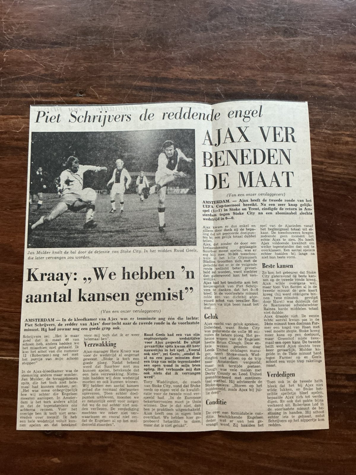 Voetbal krantenartikel Ajax Stoke City oktober 1974 Mulder, Ophalen of Verzenden, 1980 tot heden, Knipsel(s)