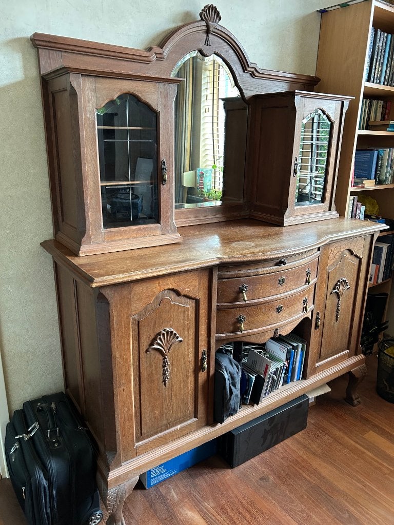 Antieke eiken buffetkast met spiegel, Huis en Inrichting, Kasten | Buffetkasten, Ophalen, Glas, Gebruikt, Klassiek