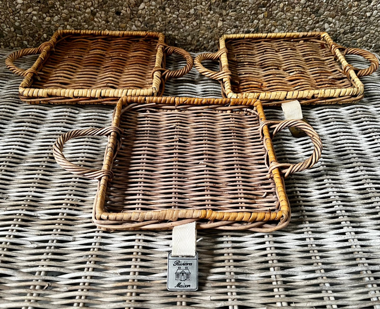 3 serveerplateaus dienblaadjes Rivièra Maison rustic rattan, Huis en Inrichting, Woonaccessoires | Dienbladen, Verzenden, Vierkant