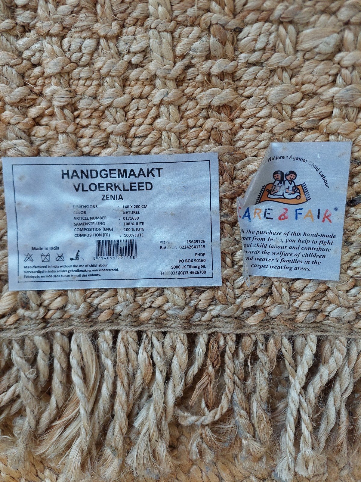 Handgemaakt naturel Jute Vloerkleed 140x200 - zgan, Ophalen, 100 tot 150 cm, Zo goed als nieuw, Beige